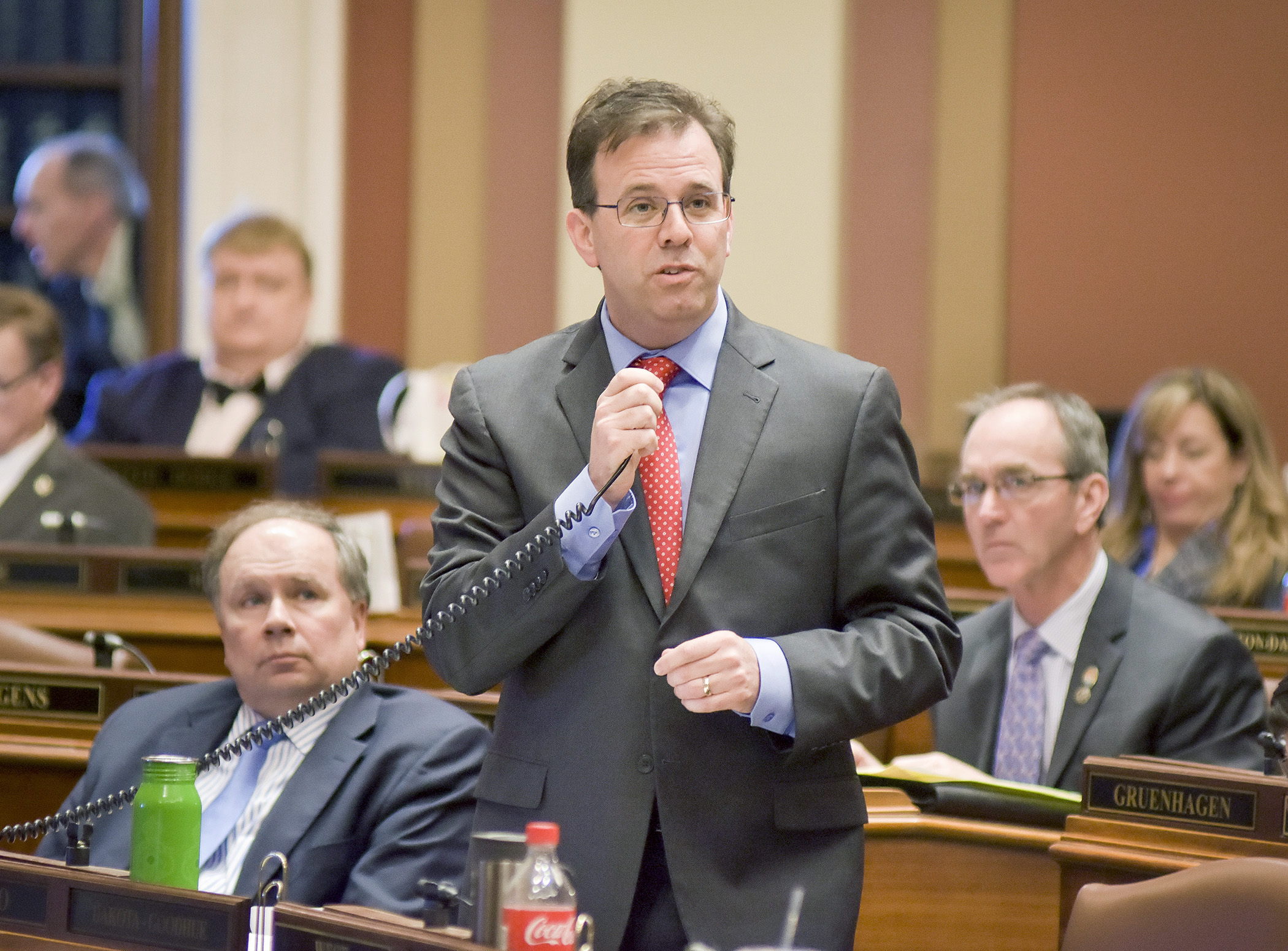 Rep. Pat Garofalo, the bill sponsor, presents the omnibus job growth and energy affordability finance bill on the House Floor April 6. Photo by Andrew VonBank